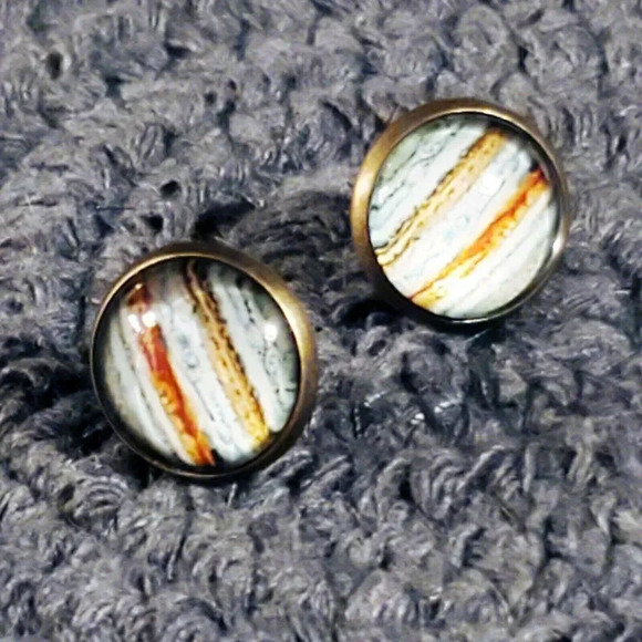 Handcrafted Antique Brass Jupiter Planet Astronomy  Glass Cabochon Stud Earrings - Picture 7 of 7